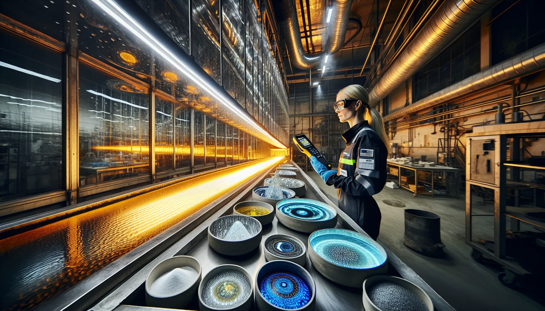 Molten float glass sheet with technician and glass samples in a norwegian factory.