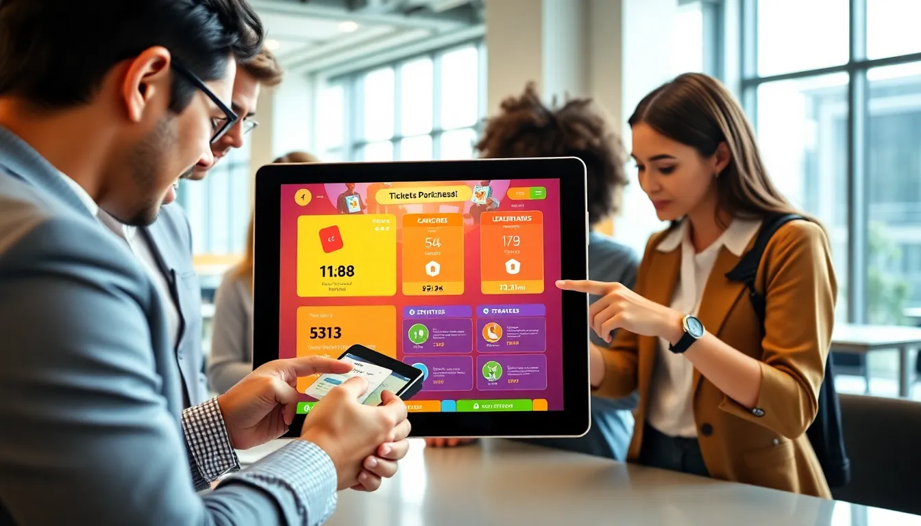 Diverse professionals engaged in a gamified ticket purchasing experience.