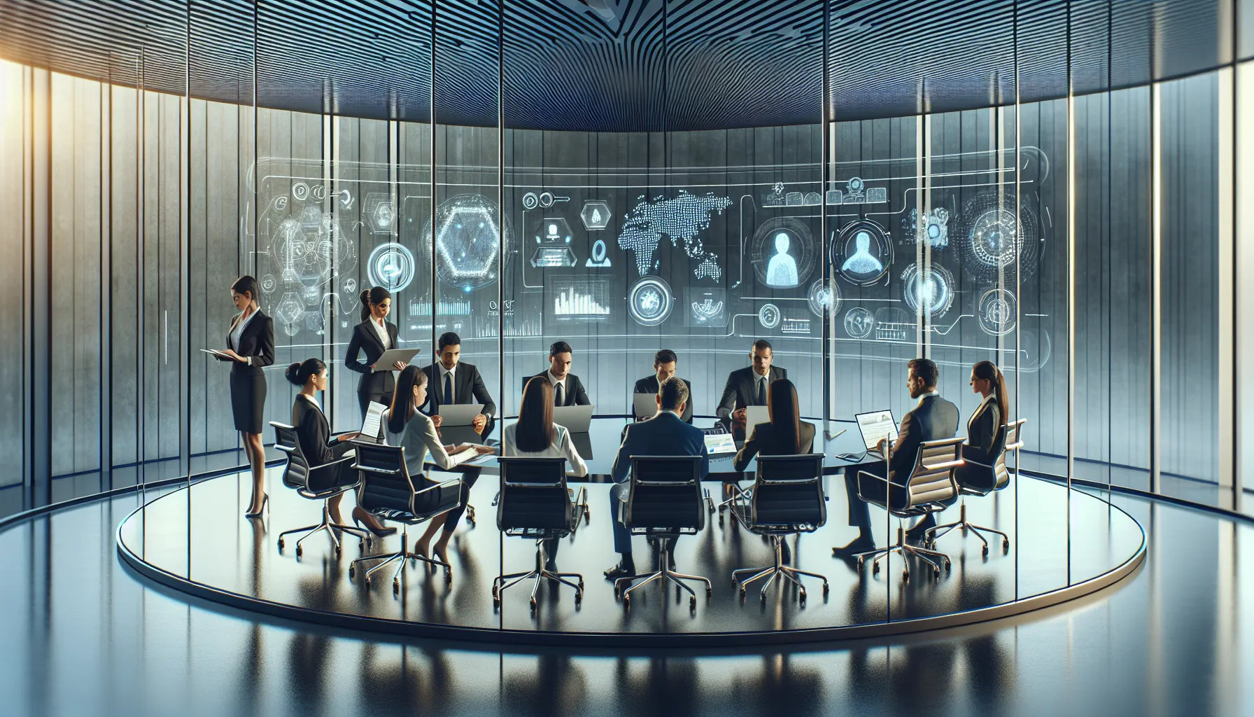 diverse professionals discussing technology trends in a modern office.