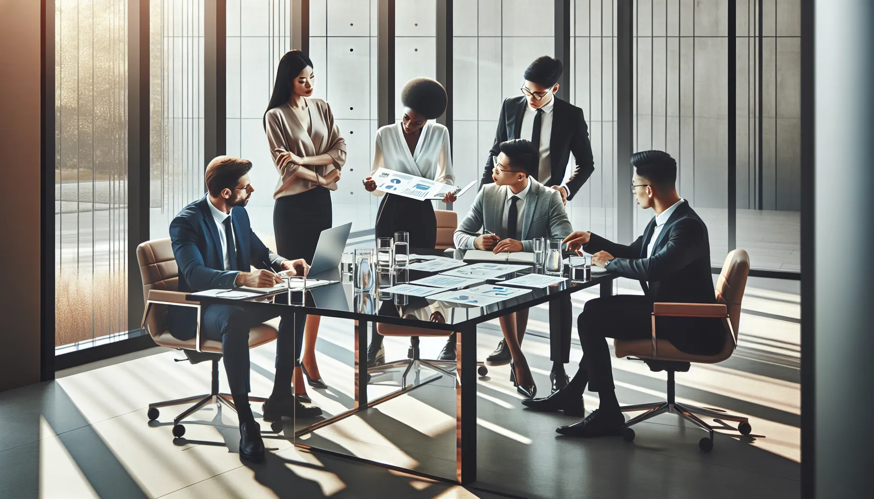 diverse team discussing reports in a modern office.