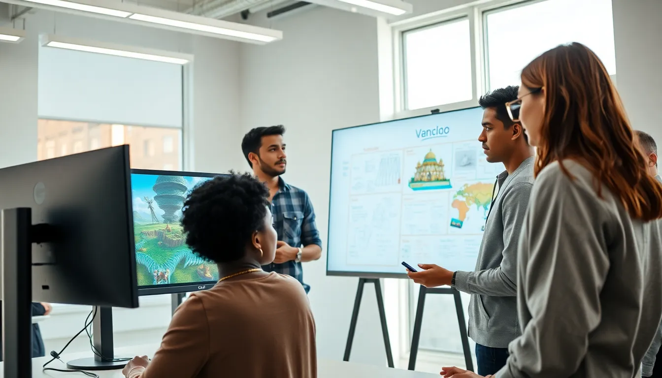 diverse team collaborating in a modern gaming studio.