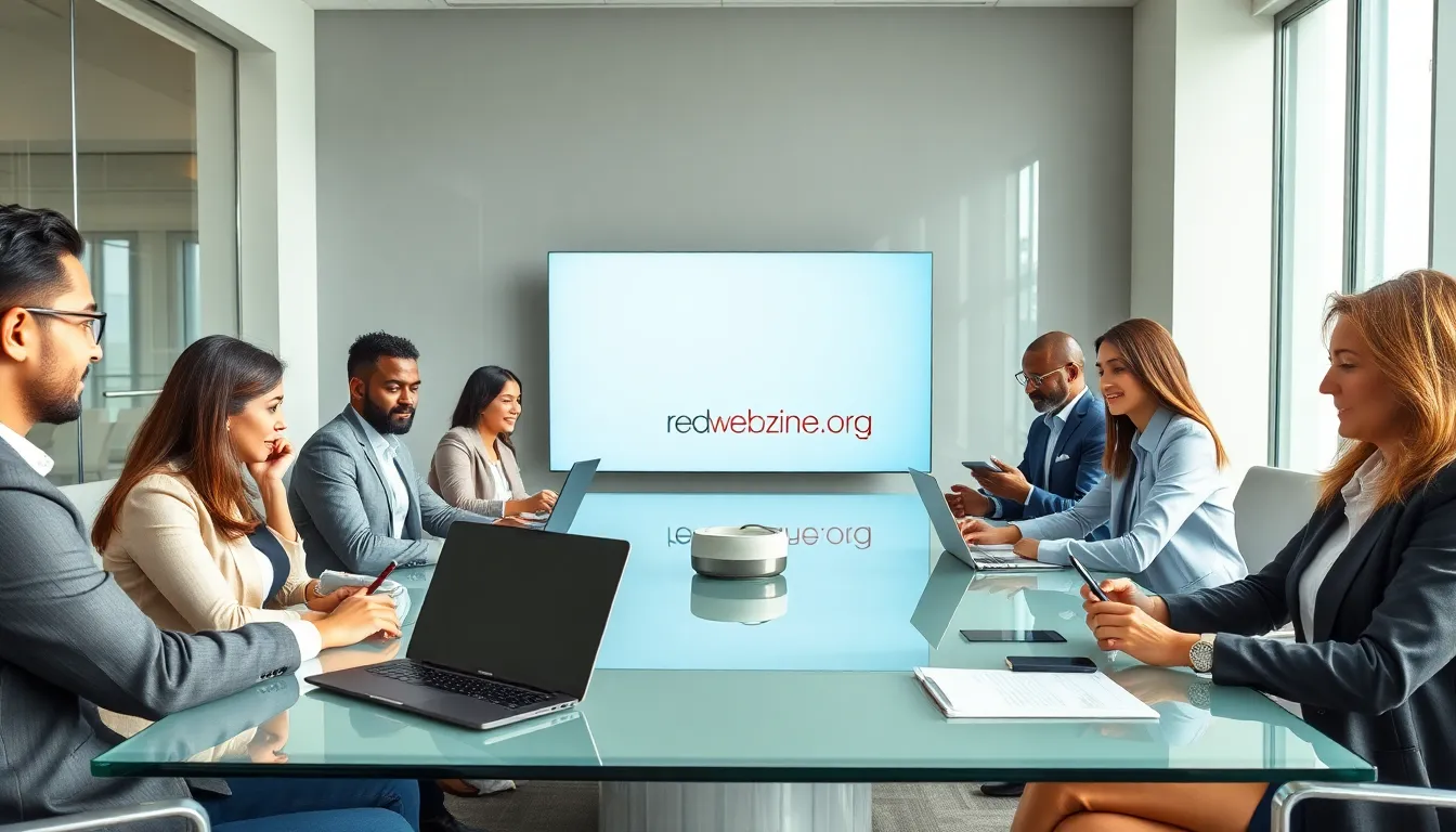 diverse professionals discussing digital content in a modern office.