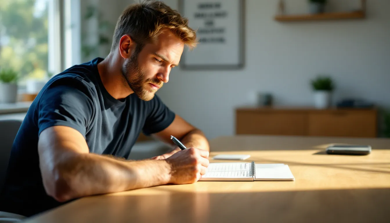 A focused man writing a short goal list at a clean, minimalist desk.