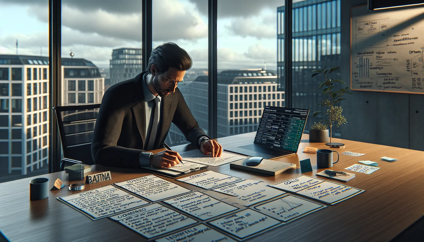 Norwegian professional preparing negotiation strategy with goals and batna notes at office desk.