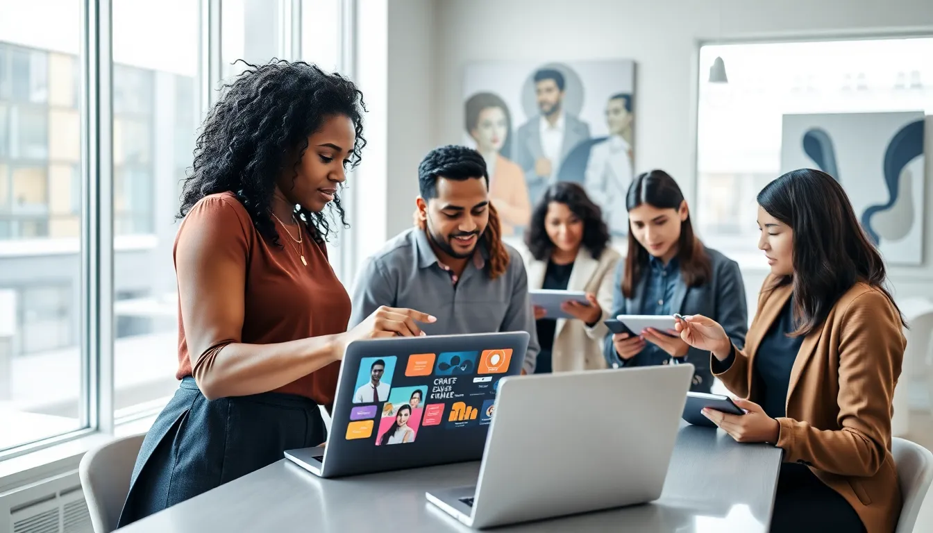diverse team collaborating in a modern digital workspace.