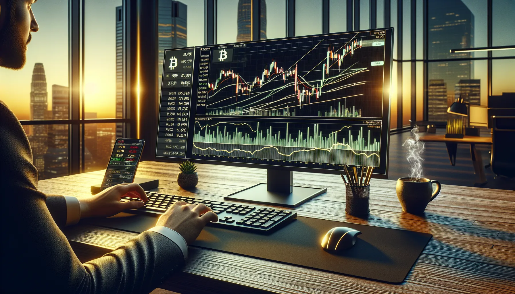 Trading desk monitor displaying Bitcoin price chart with bull flag pattern in 2025.