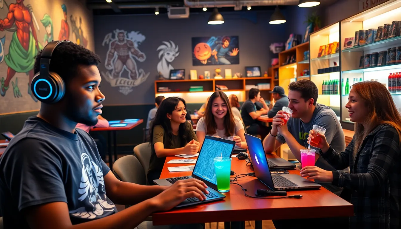 A diverse group of gamers enjoying a lively gaming café atmosphere.