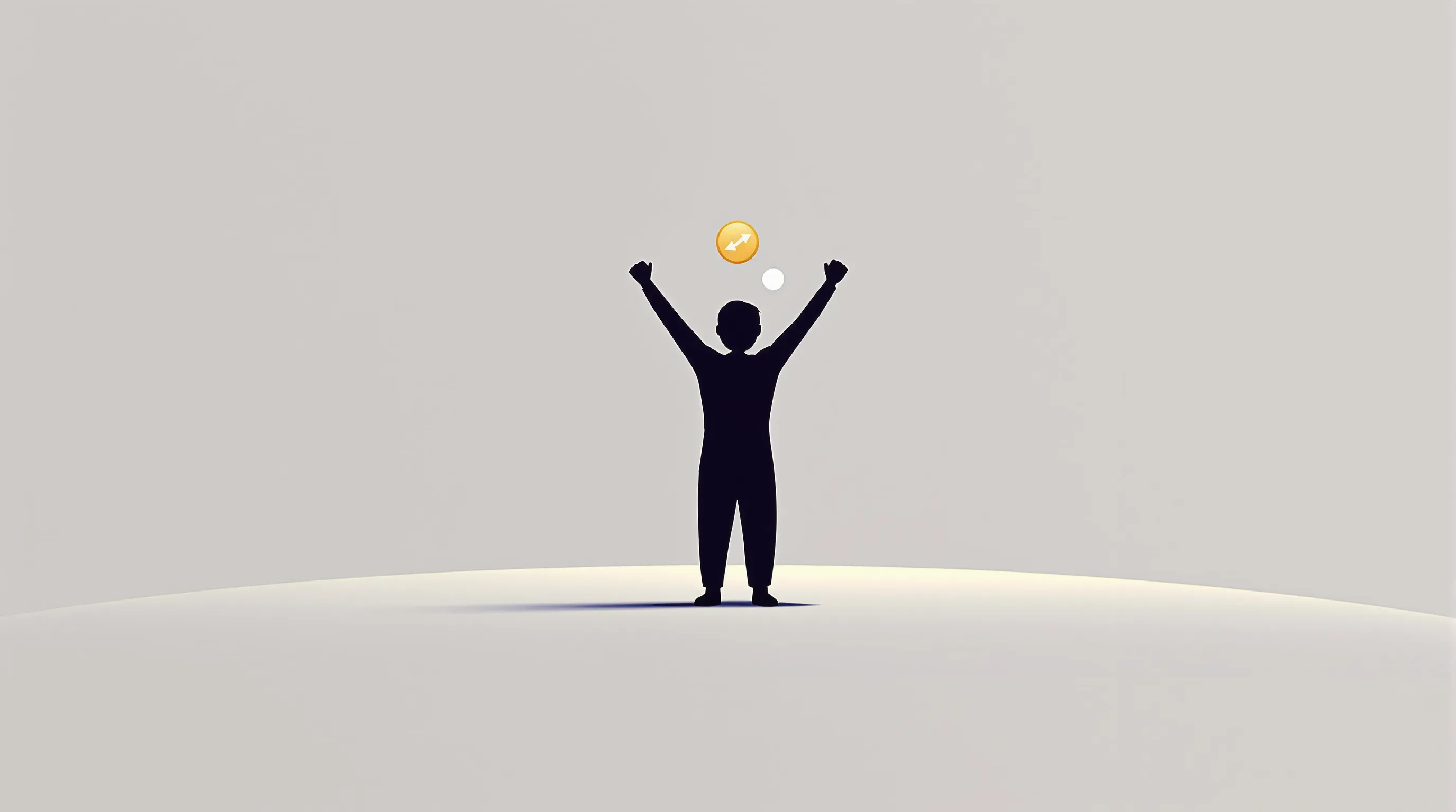 Minimalist silhouette of a person standing confidently with a simple directional symbol nearby.