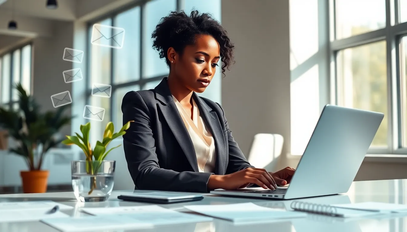 A woman typing an email in a modern office, representing HomeRocket Realty.