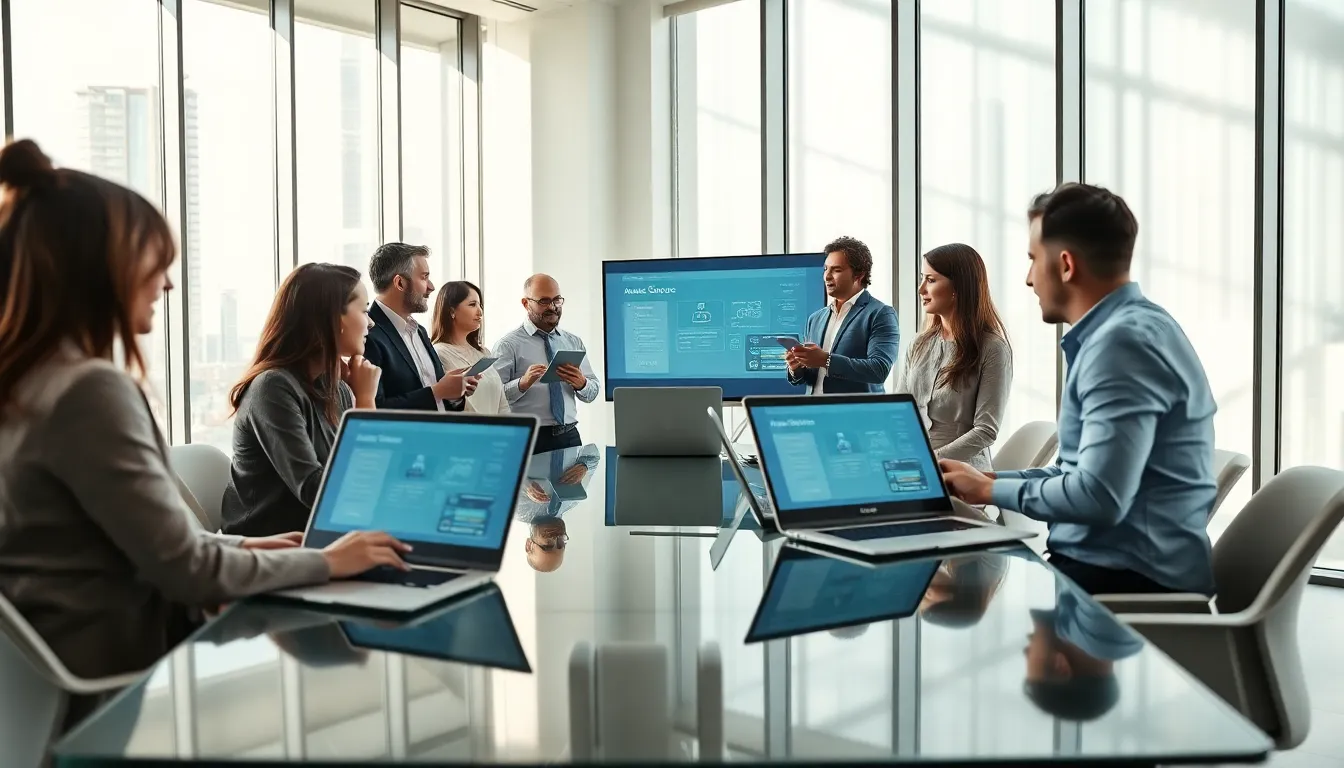 diverse team discussing the IAOEGYNOS2 platform in a modern office.