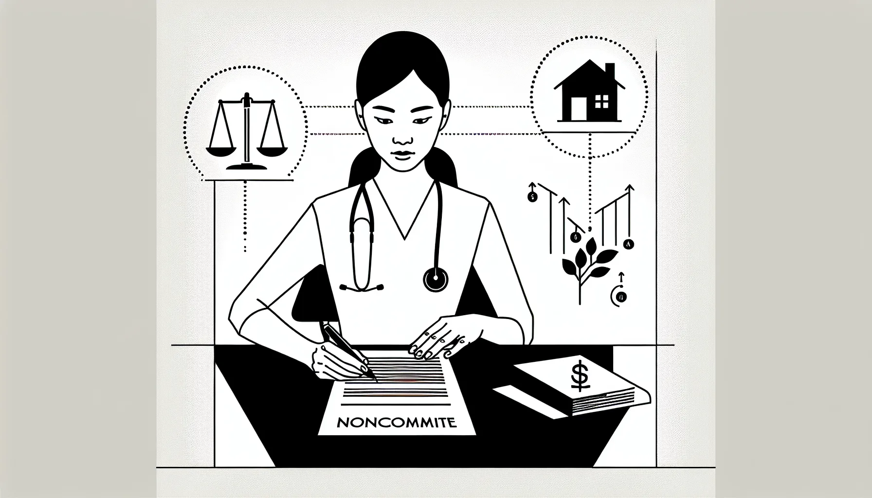 Physician at desk reviewing a noncompete contract with related icons.