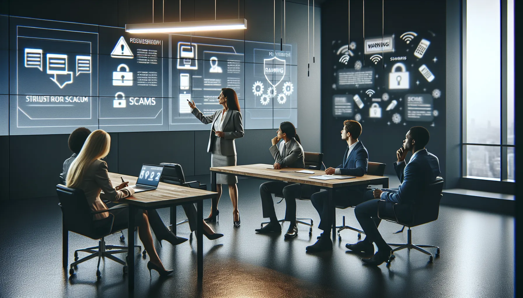 professionals discussing common scams in a modern office setting.