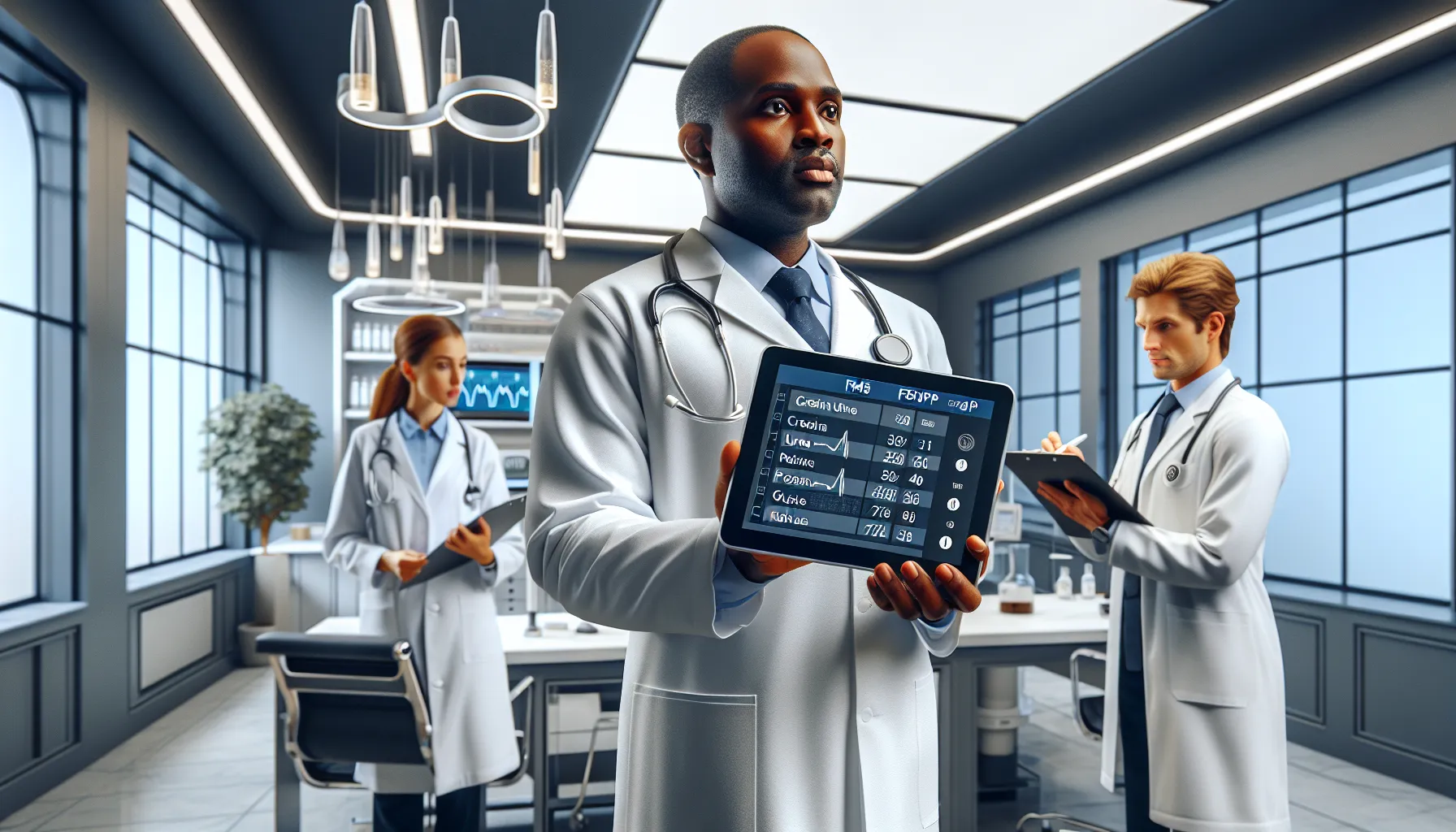 medical professionals analyzing urine test results in a modern lab.