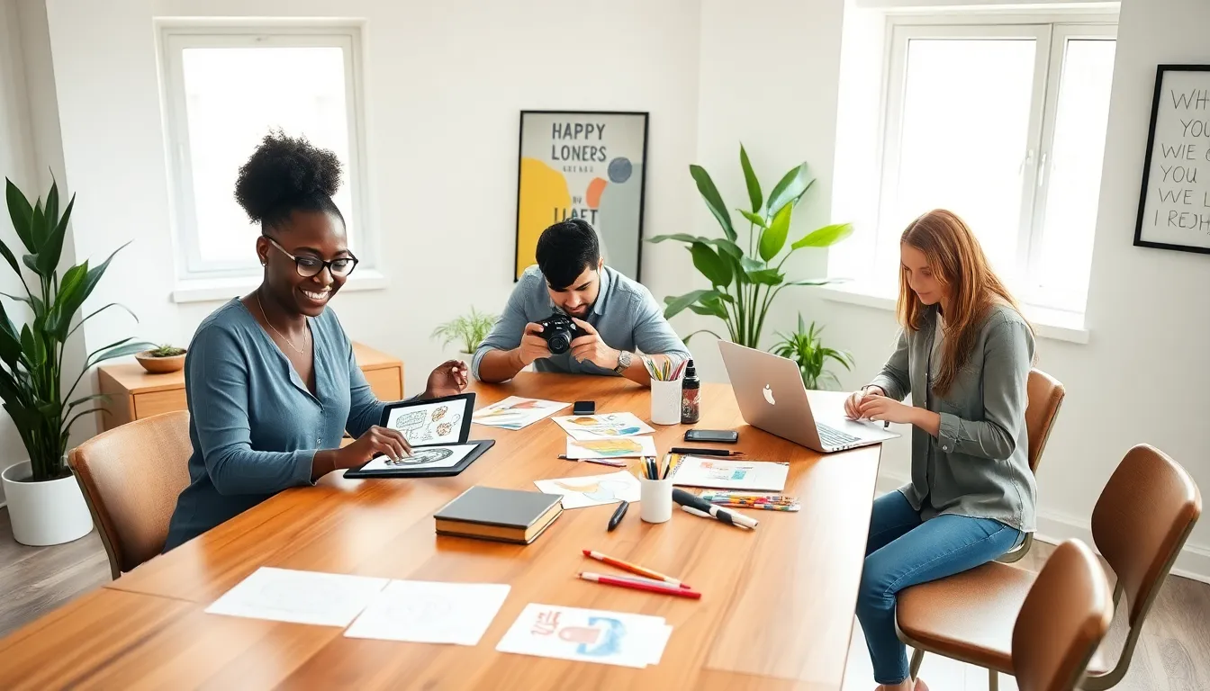 diverse team exploring creative side hustles in a modern workspace.