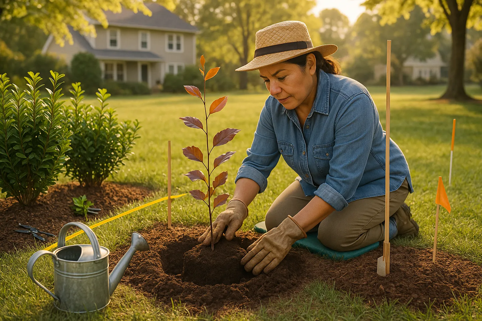 Gardener planting a young beech beside a row of privet with measuring tape and mulch.