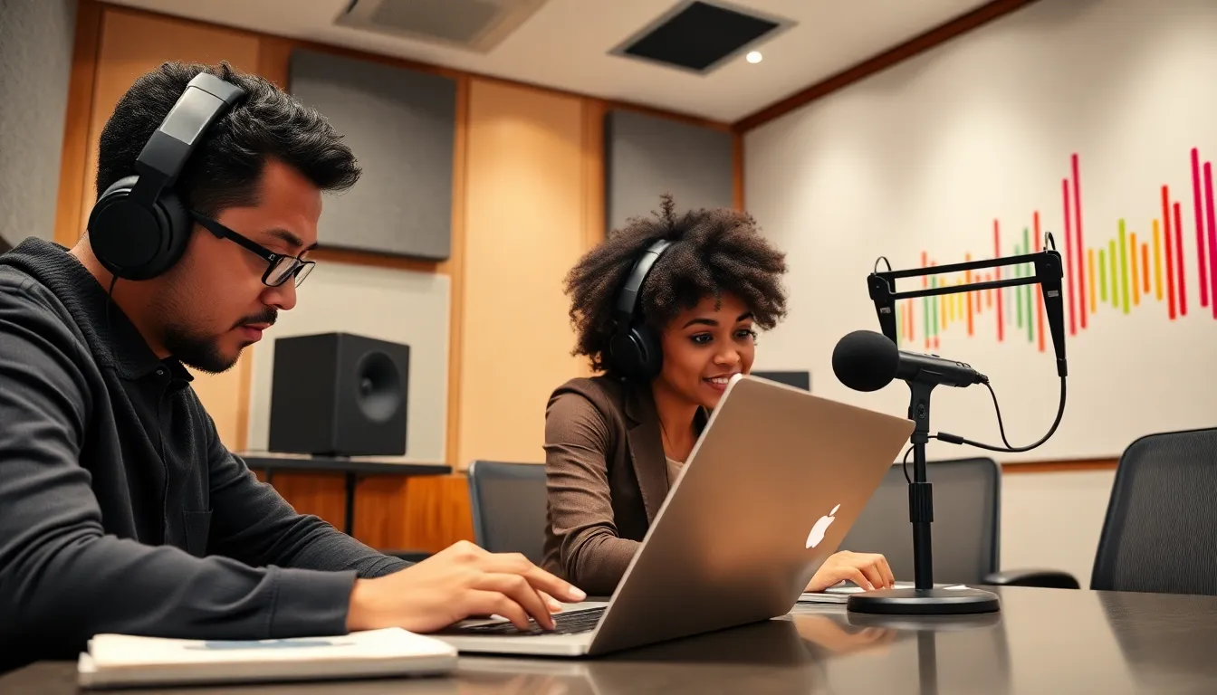professionals recording a podcast in a modern studio with quality headphones.