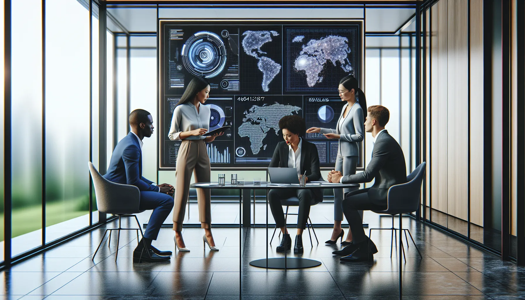 team analyzing data in a modern office setting.