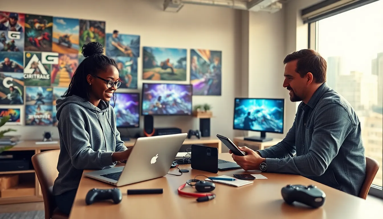 diverse game developers collaborating in a modern studio