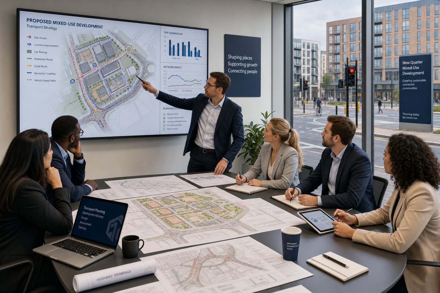 Transport planning team reviewing development access and highway plans in a modern office.