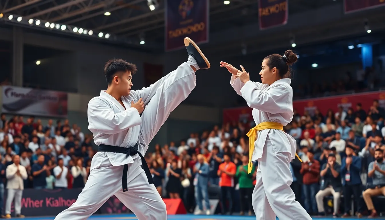Taekwondo competitors engaged in an exciting match in a sports arena.