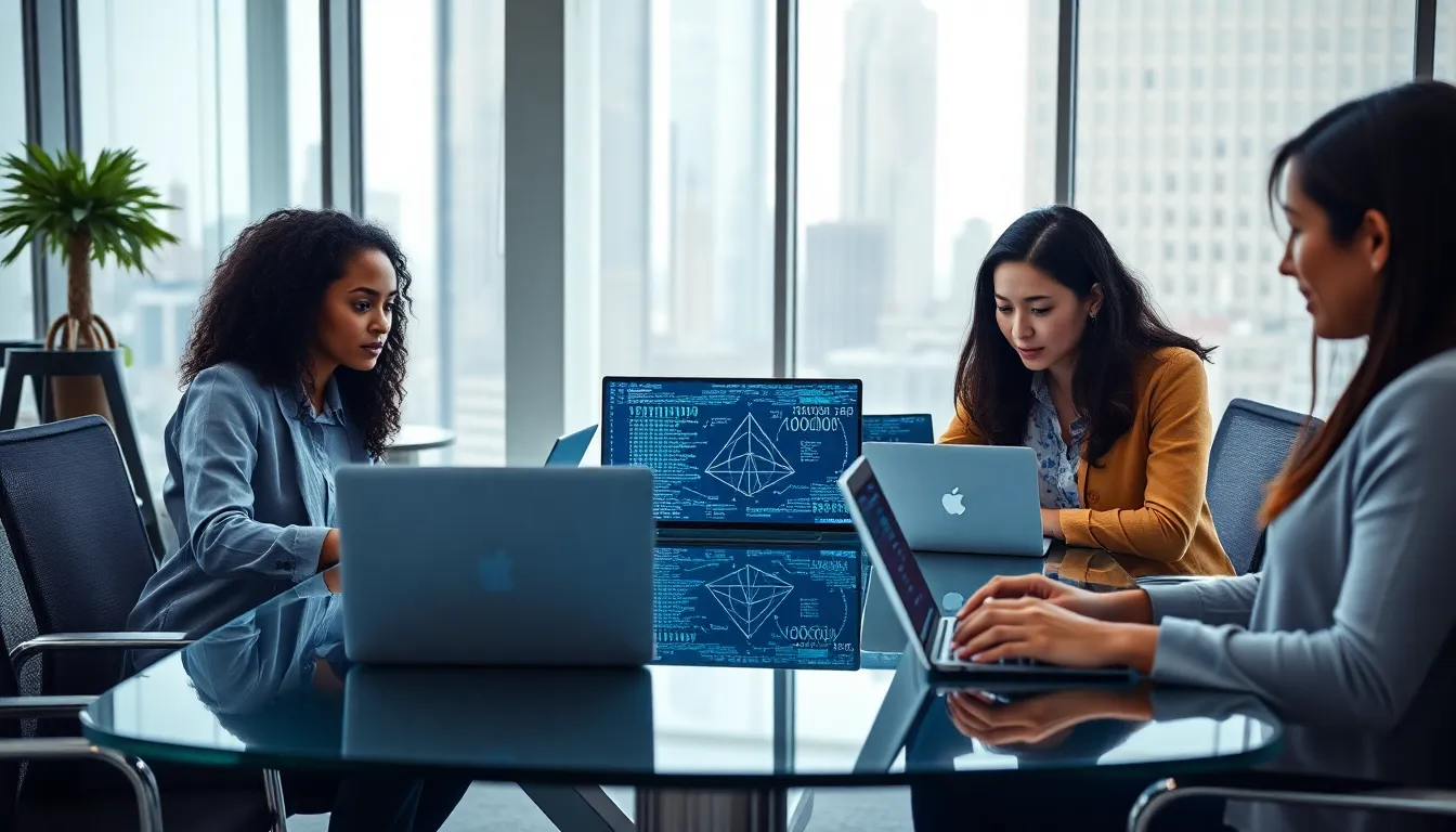 diverse team analyzing data and math concepts in a cybersecurity office.