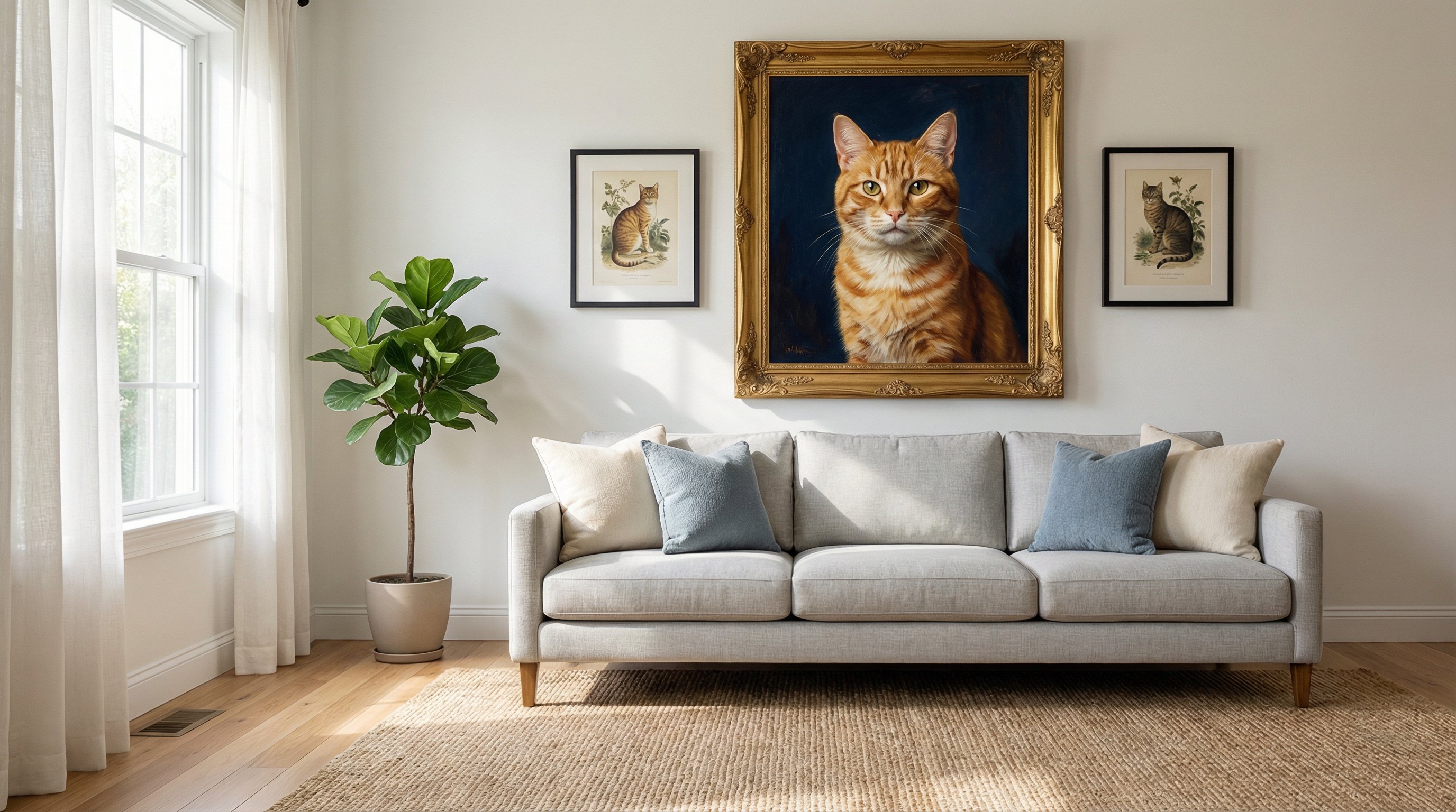 Large framed cat portrait displayed above a sofa in a modern living room.