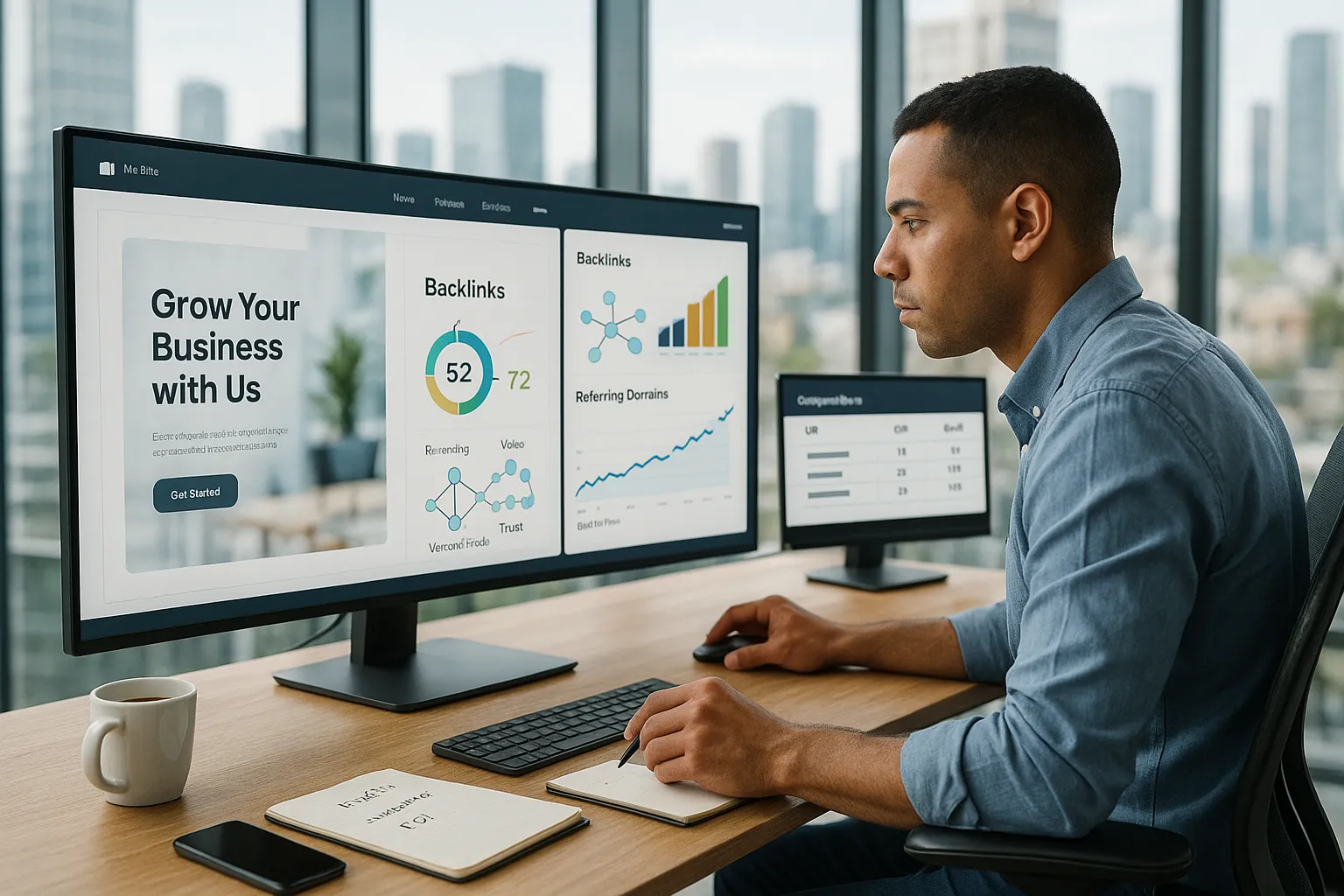 Marketer analyzing backlinks, domain rating, and rankings on a WordPress business site.