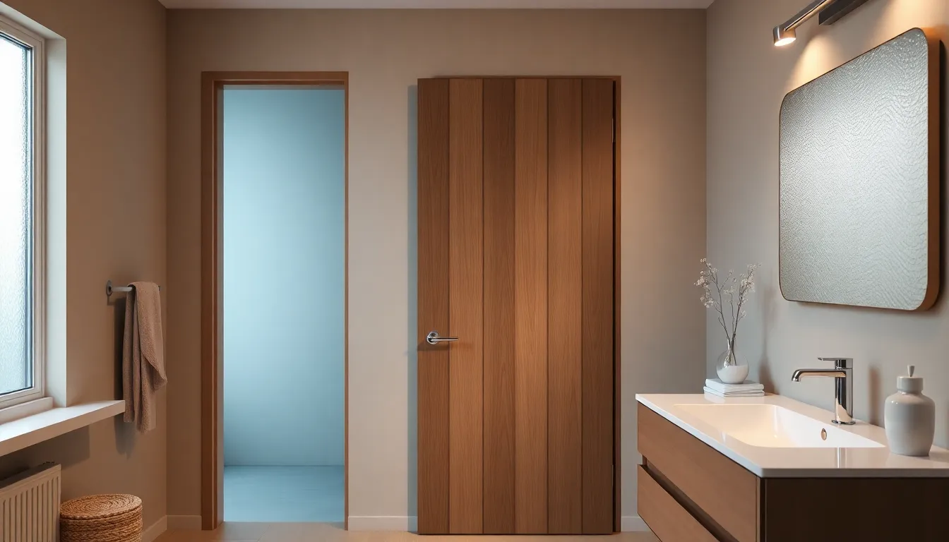 Modern bathroom featuring a stylish pocket door.