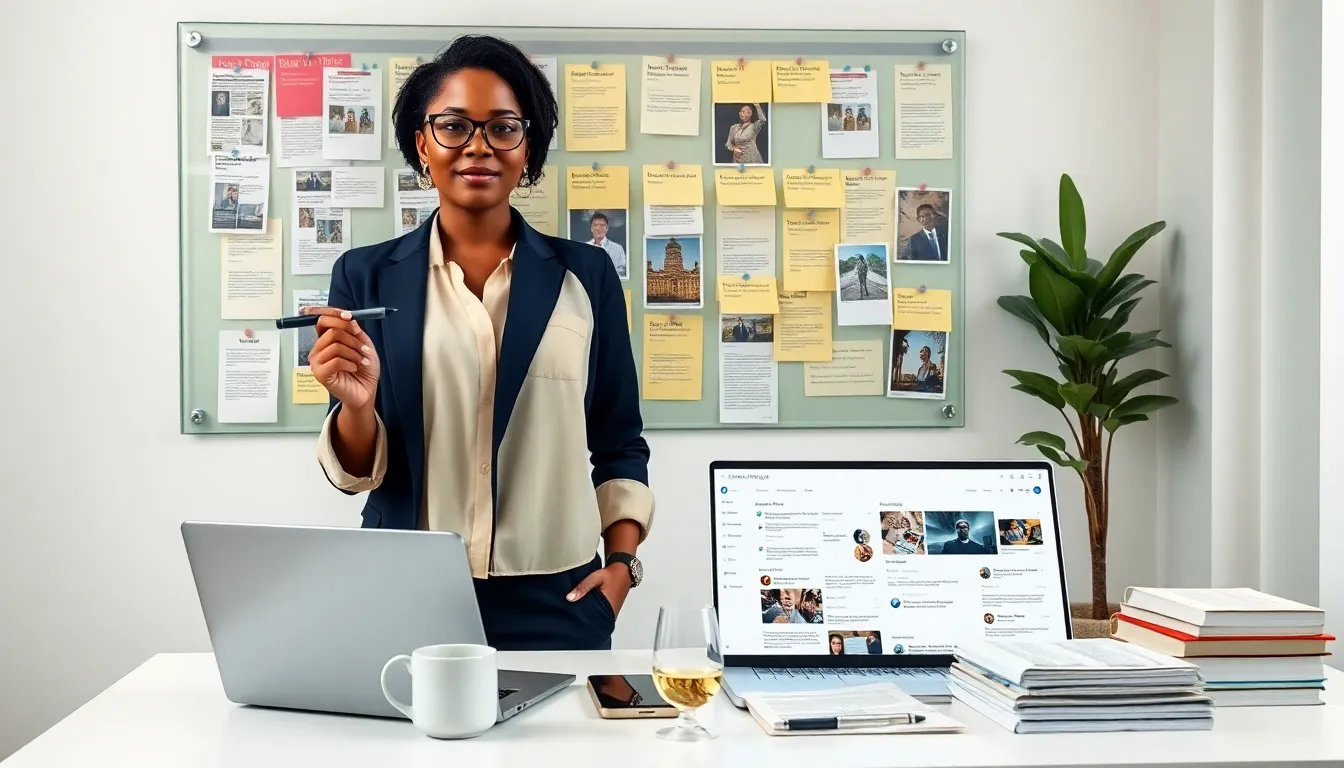A curator arranging labeled index cards and web thumbnails on a glass pinboard.