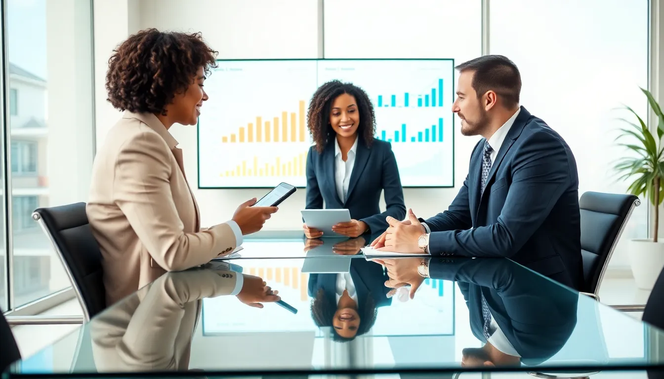 real estate agent discussing property with a client in a modern office.