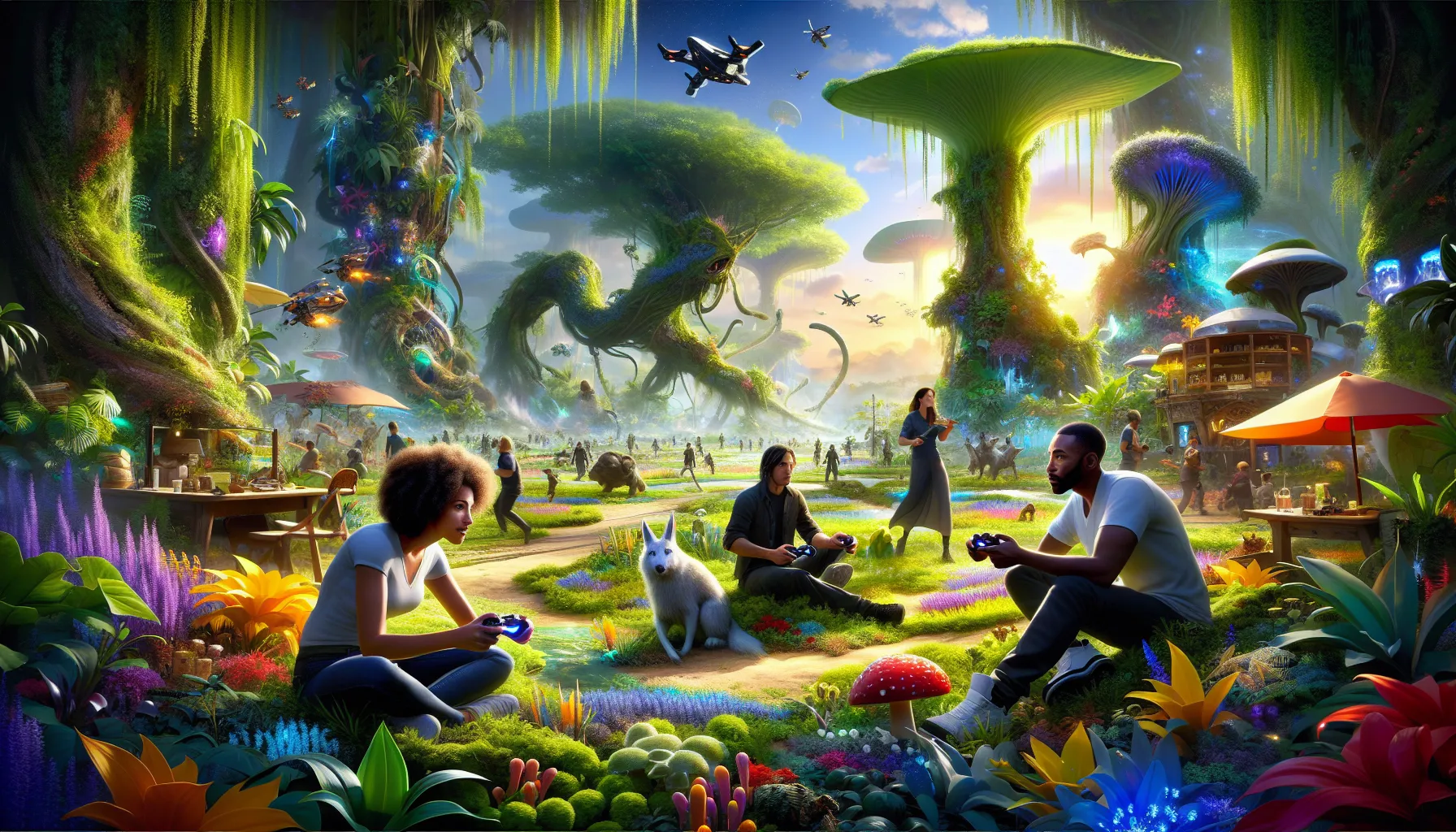 gamers in a lush, fantastical environment with controllers.