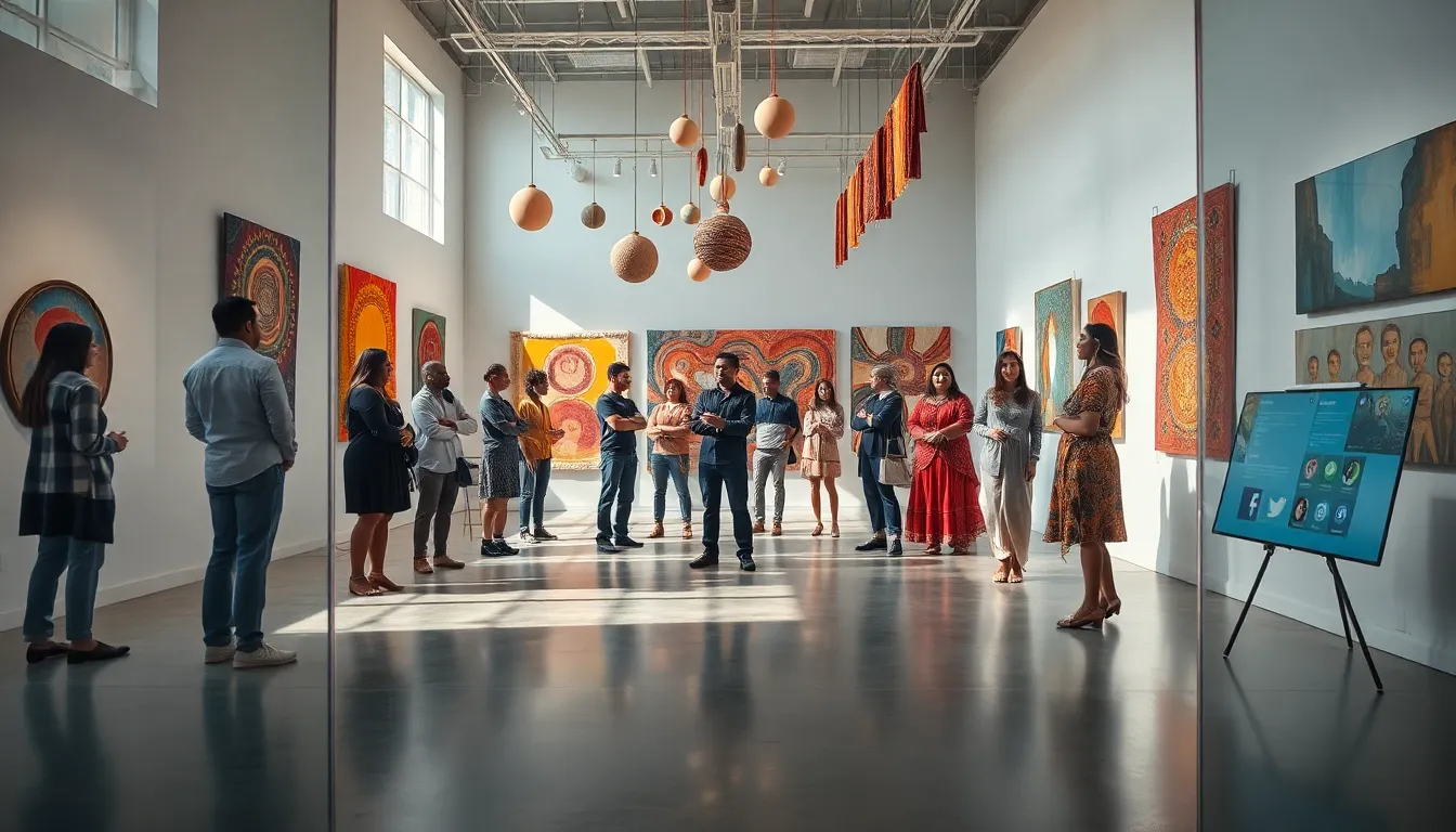 diverse artists collaborating in a modern gallery space to create Haiikurti-inspired art.