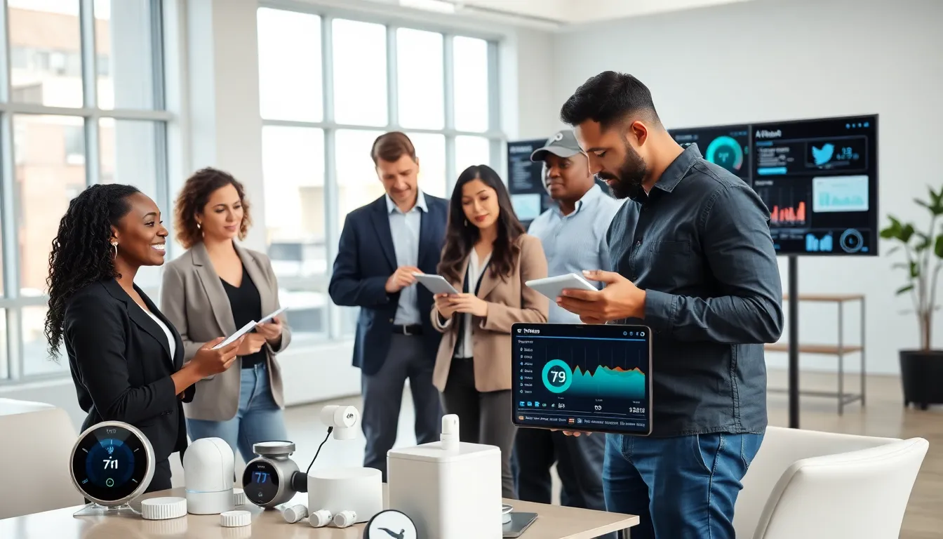 diverse team collaborating on Internet of Things projects in a modern office.