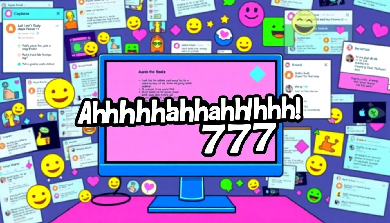 Playful digital collage representing the phrase 'Ahhhahhhahhh7777' with memes.