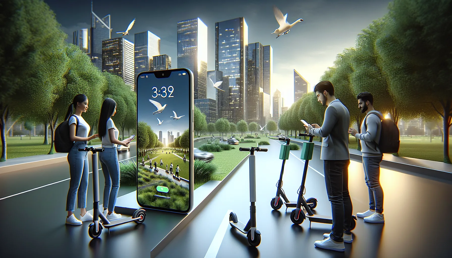 diverse professionals using electric scooters with a smartphone in a city.