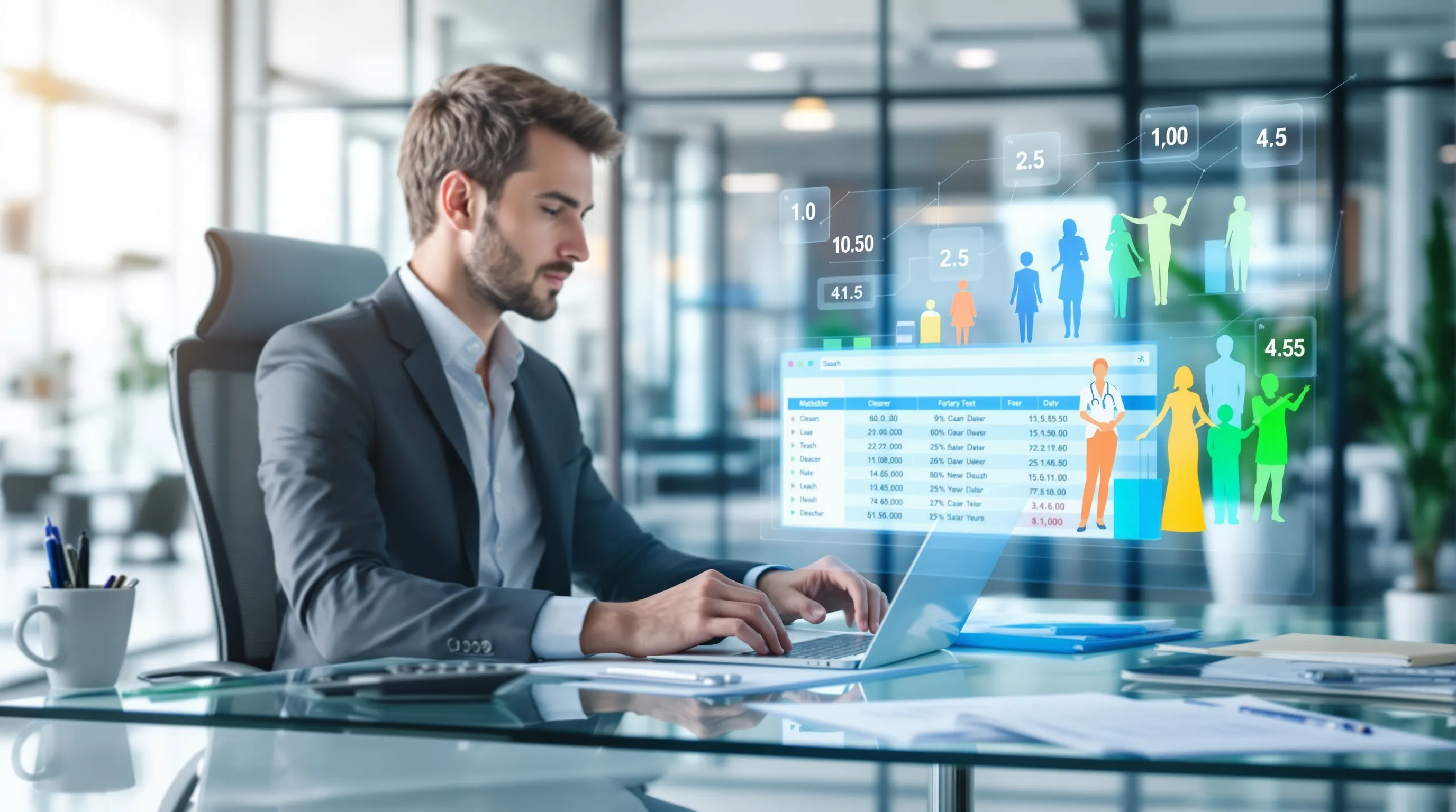 HR professional calculating salary coefficients on laptop in modern office