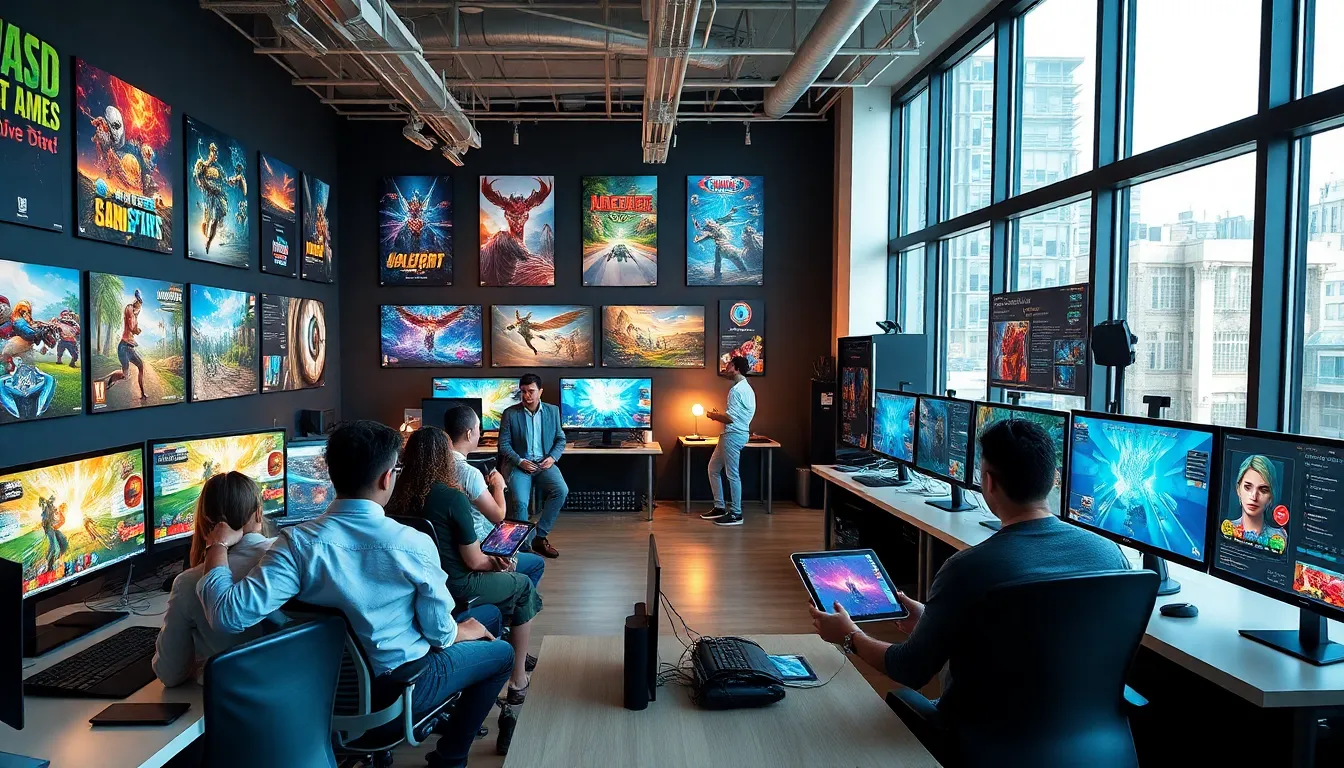 diverse team collaborating in a modern game development studio.
