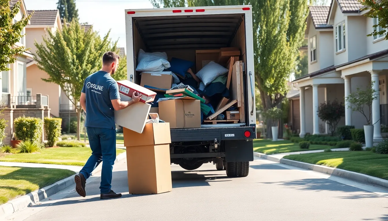 diverse junk haulers loading items into a truck in a Fresno neighborhood.
