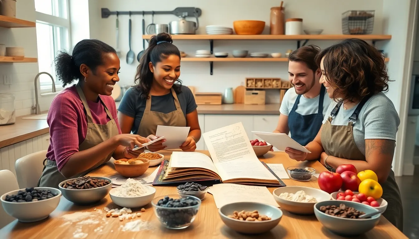 diverse bakers collaborating on cookie recipes in a bright kitchen.