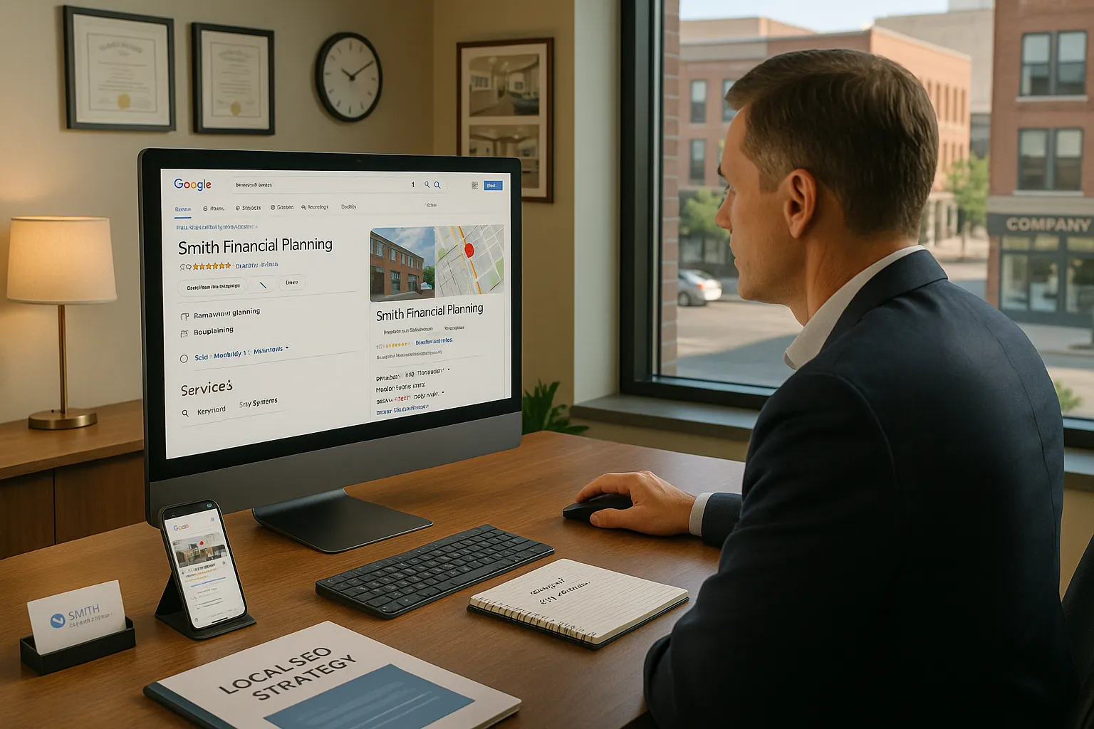 Financial advisor optimizing a Google Business Profile for local visibility in a U.S. office.