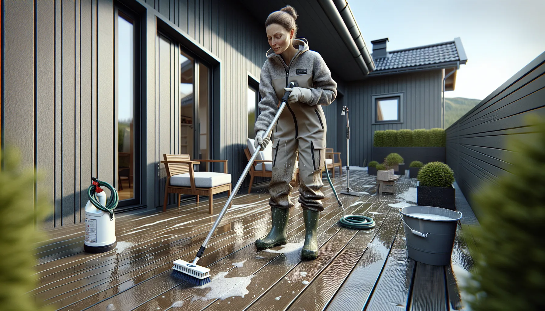 Homeowner gently scrubbing a composite deck in norway to remove pollen and algae.