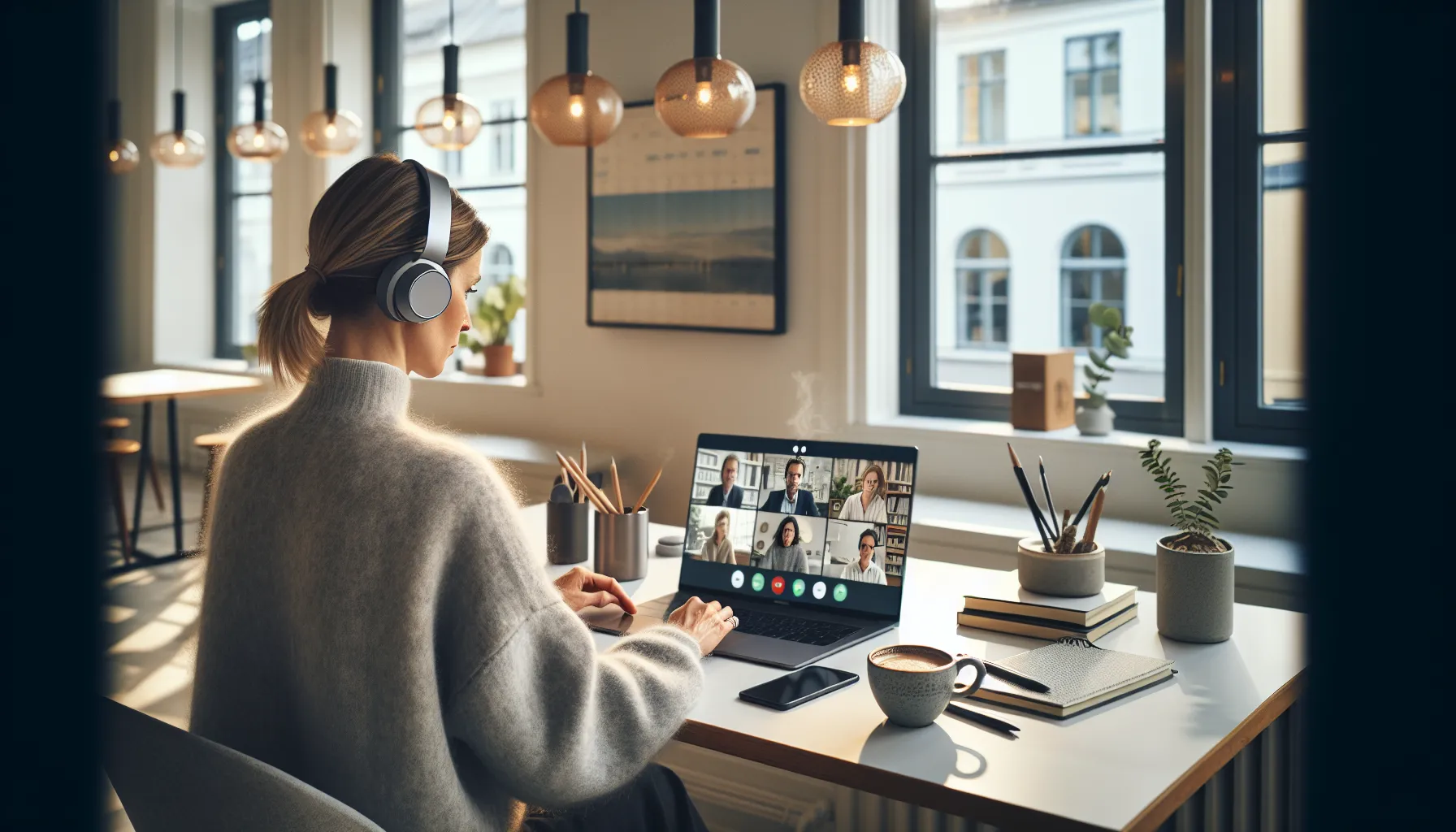 Norwegian professional in a co-working café on a video call with teammates.