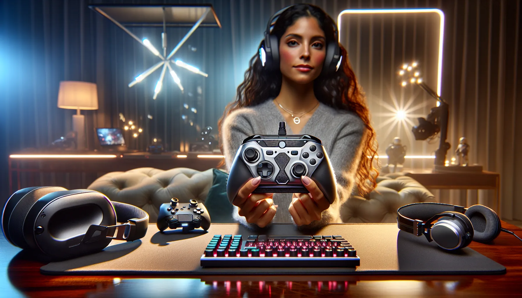 a modern gaming setup with various high-tech gadgets.