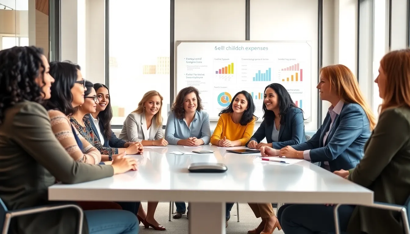 diverse parents discussing childcare options in a modern office.