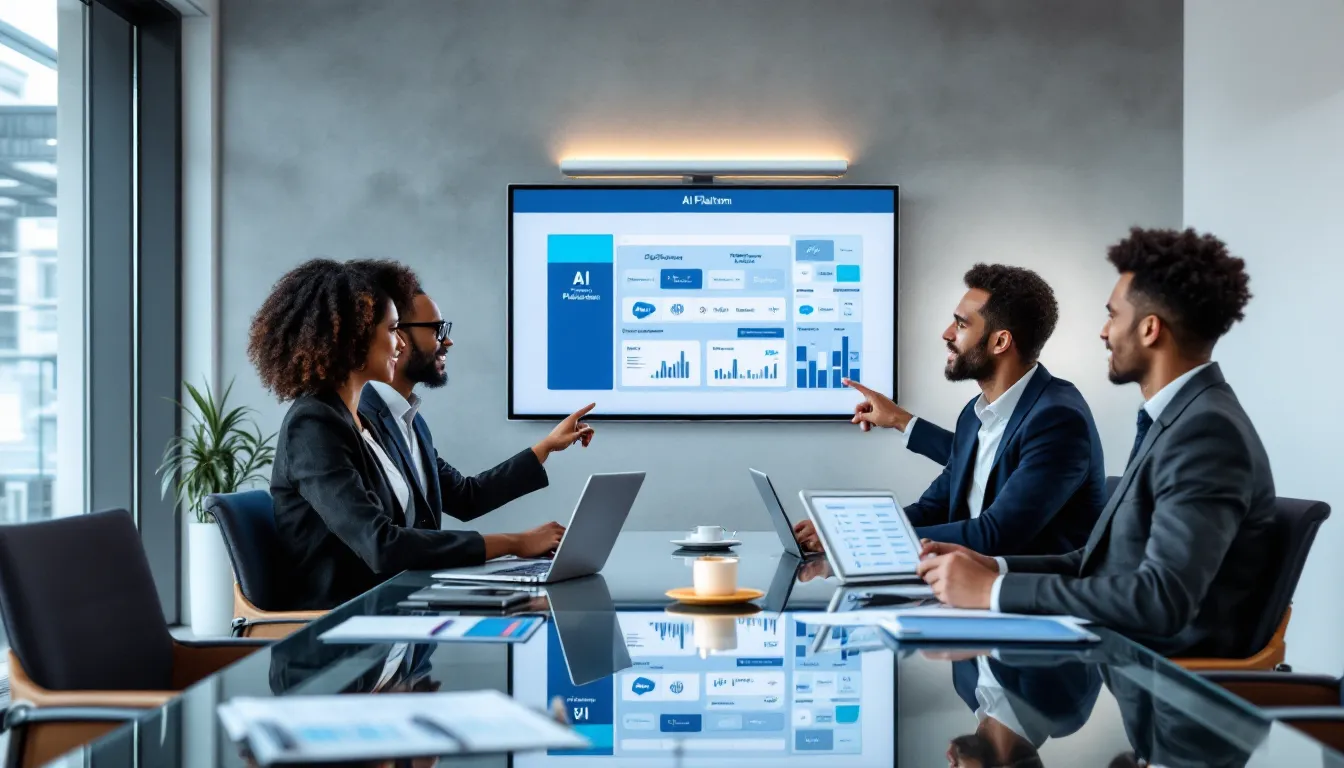 Professionals evaluating AI tools and vendors in a modern boardroom with technology displays.
