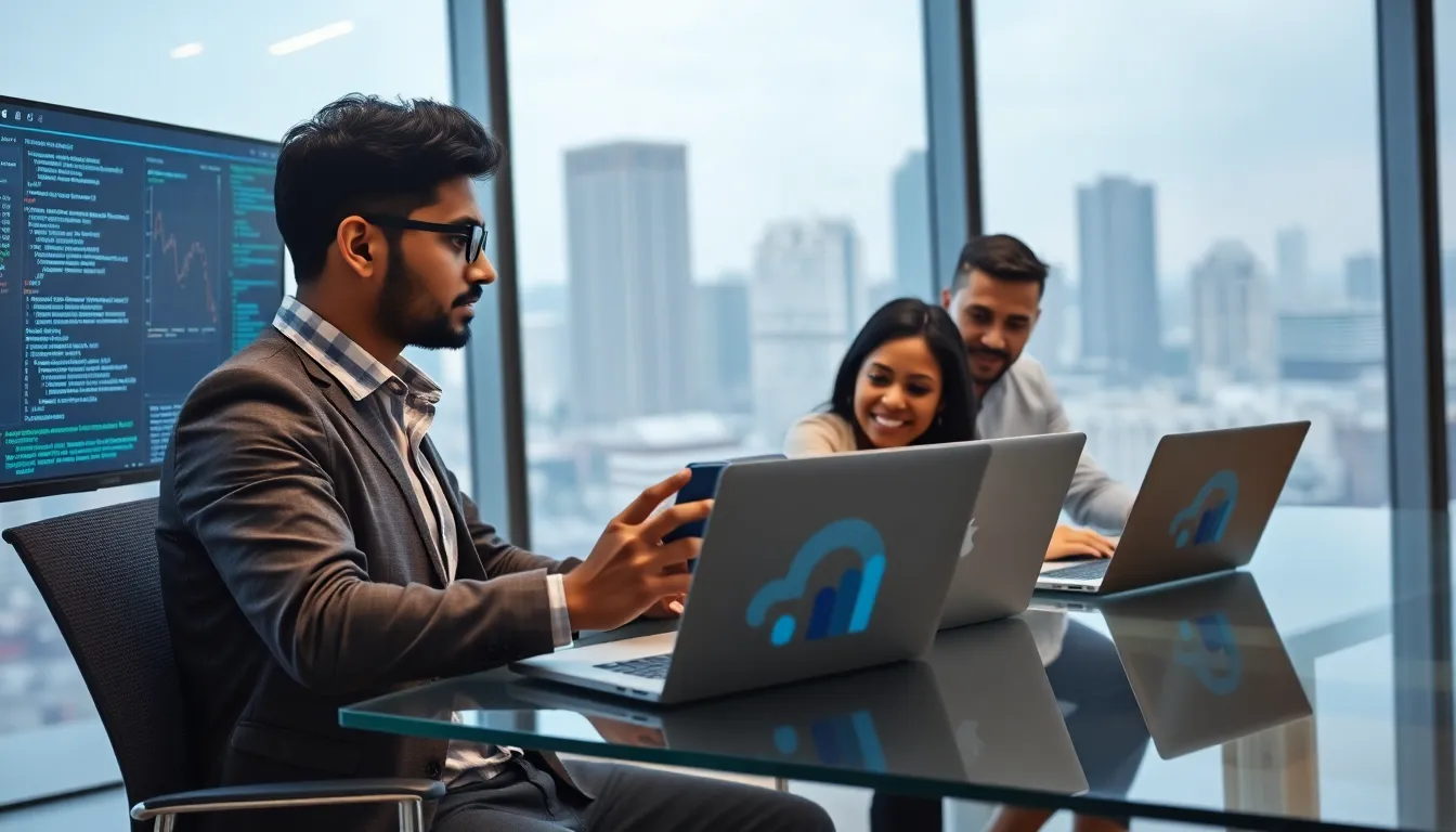 fintech engineers collaborating in a modern office setting.