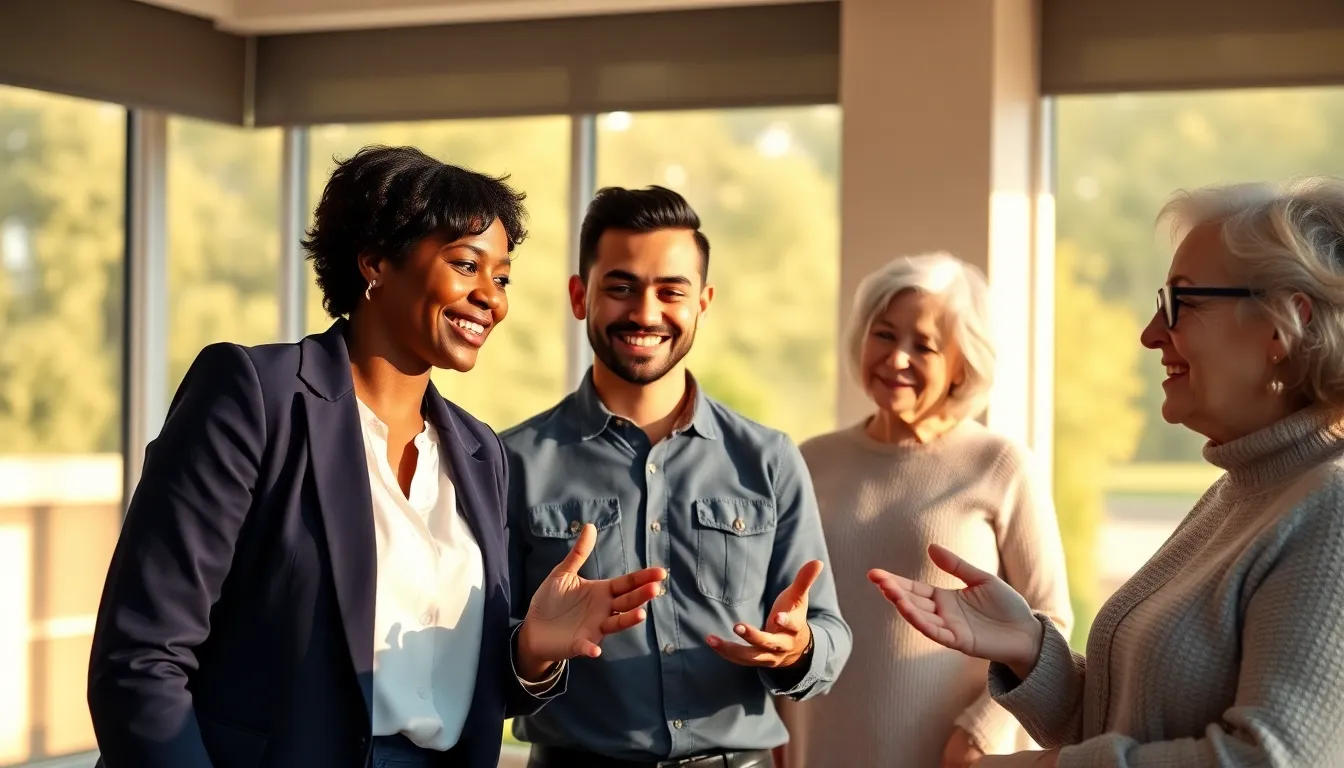 a diverse team discussing ideas in a well-lit office.