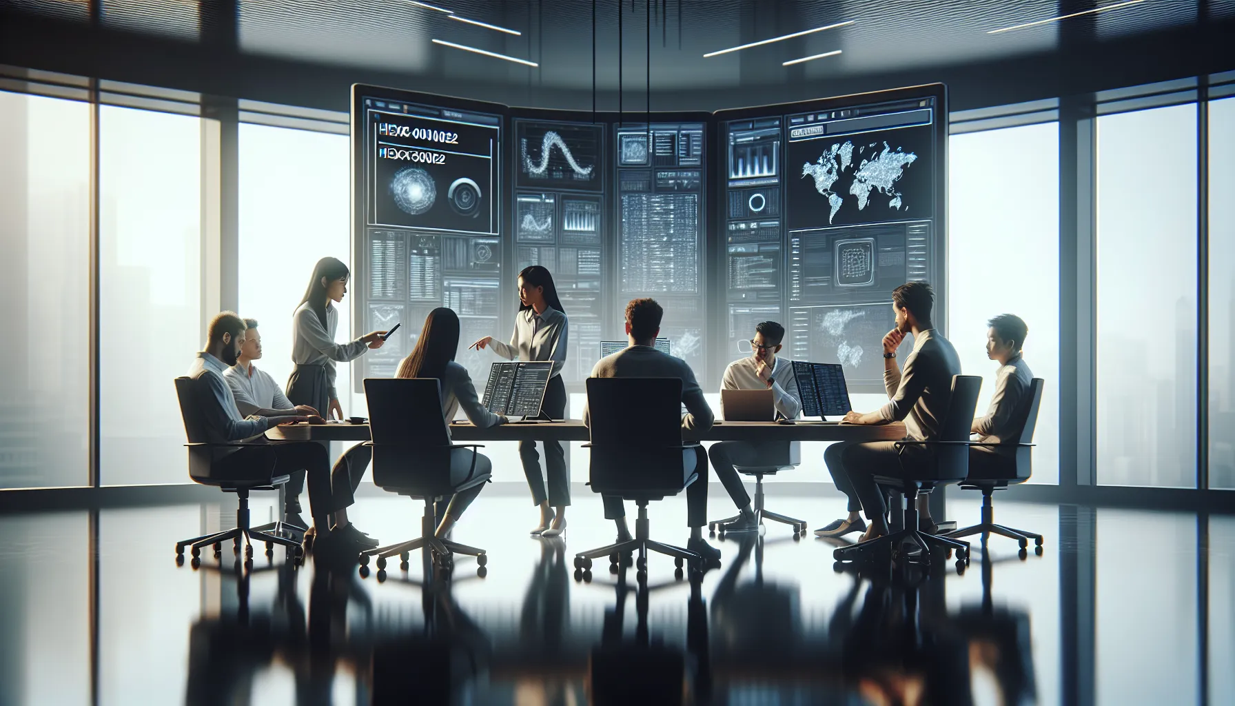 diverse team analyzing software error in a modern office.