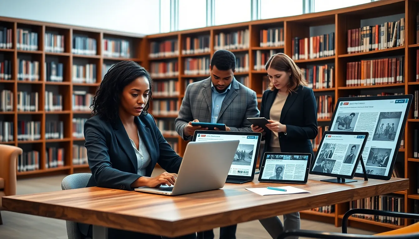 diverse team working on global news archives in a modern library.