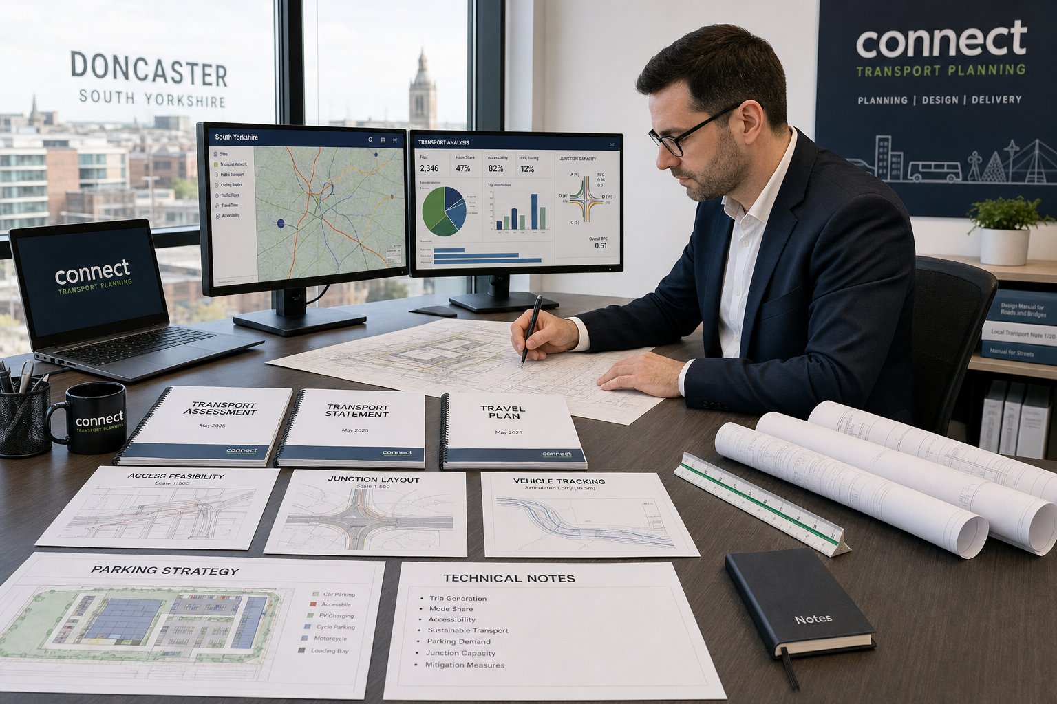 Traffic engineer reviewing transport planning reports and drawings in a modern office.